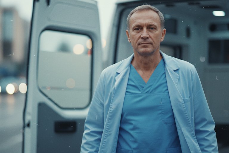 Врач выходит из машины скорой помощи