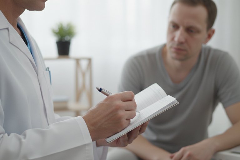 Врач записывает симптомы пациента у него дома