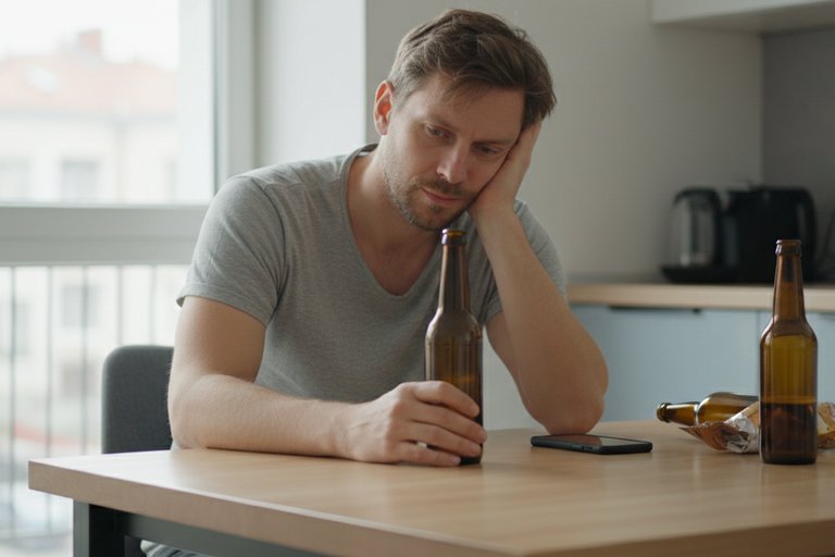 Мужчина сидит на кухне и пьёт пиво