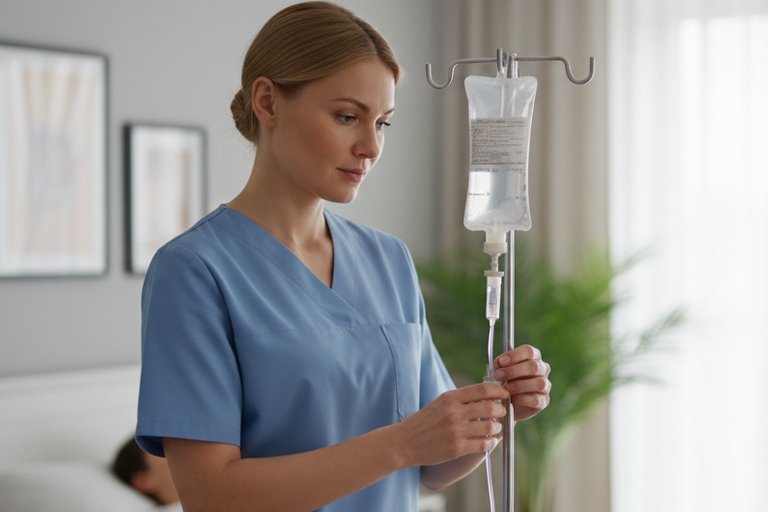 Медсестра настраивает капельницу у пациента дома